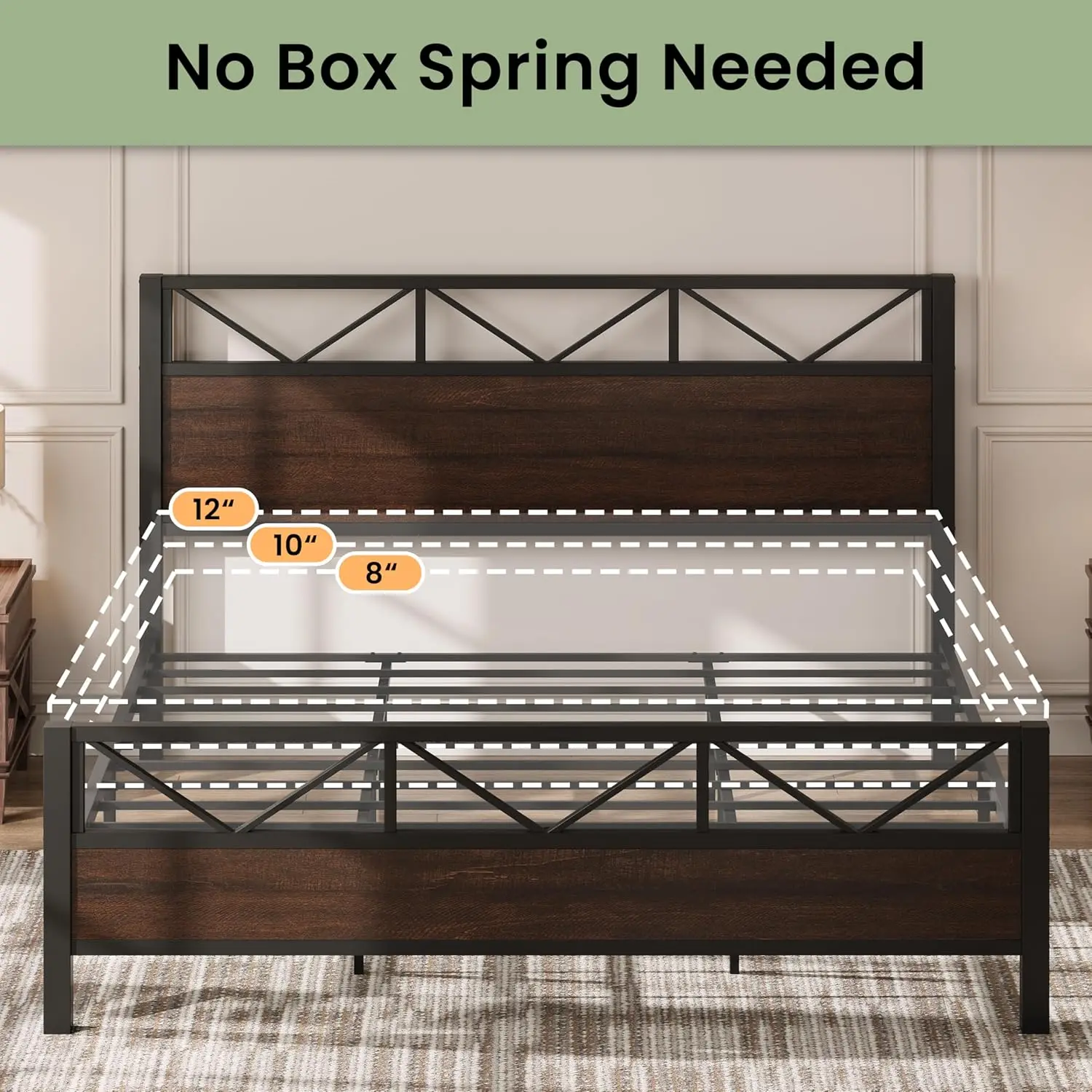 King Bed Frame, Tall Industrial Headboard 51.2 ", Platform Bed Frame with Strong Metal Support, Solid and Stable, Customized view 5