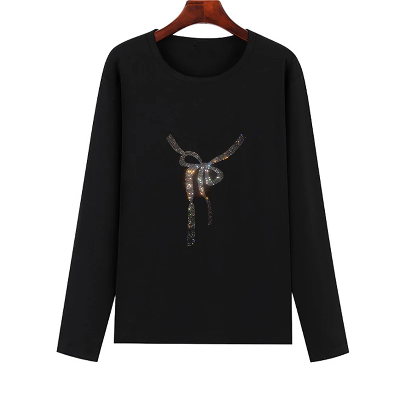 

Autumn casual long-sleeved women's T-shirt round collar T-shirt rhinestone watercolor drill shining creative bow pattern