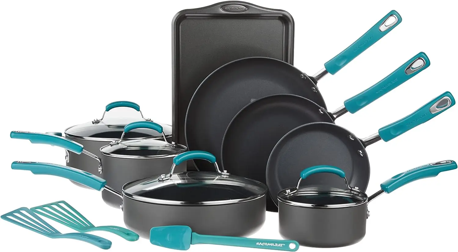 

Rachael Ray Classic Brights Hard Anodized Nonstick Cookware Pots and Pans Set, 15 Piece - Agave Blue