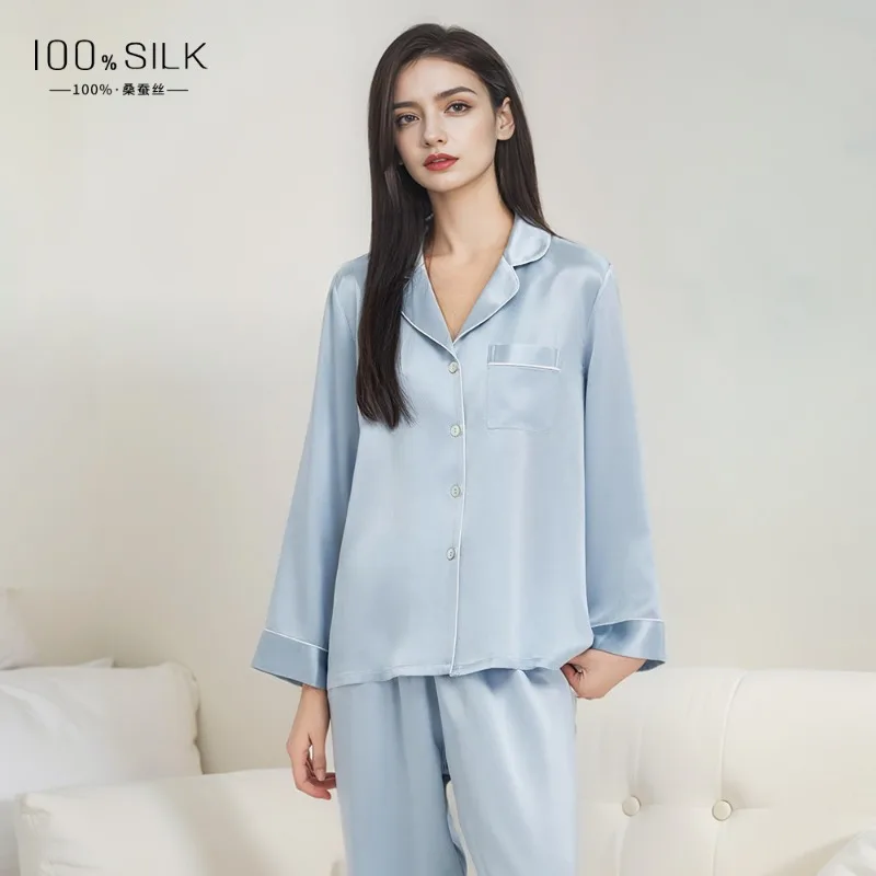 

Women's 2025 Autumn Winter Long-Sleeved Long Pants Pajama Set 100% Mulberry Silk Heavyweight 19 Momme Trousers and Top 2Pcs Sets
