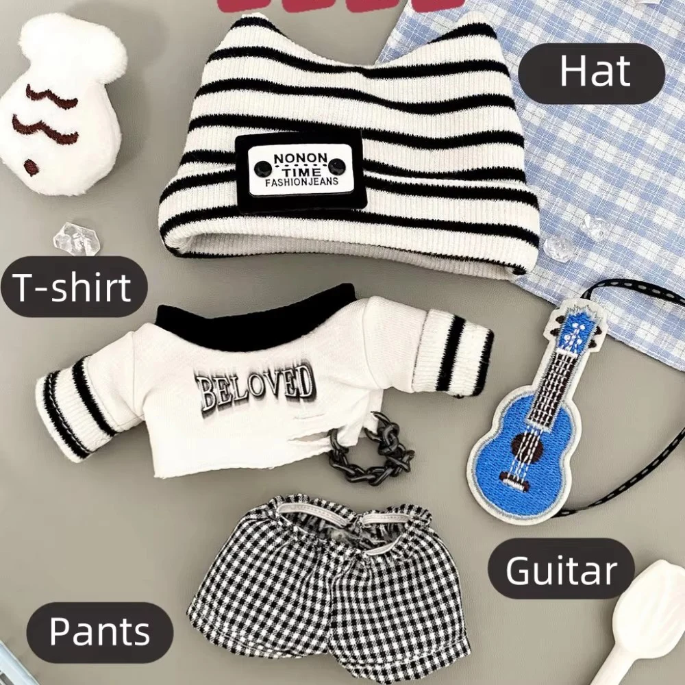 

Для Labubu V1/2/3 плюшевая кукла-идол в стиле хип-хоп, футболка, брюки, шляпа, гитара, 4 шт./упак., модная музыкальная звезда, подарок фанату