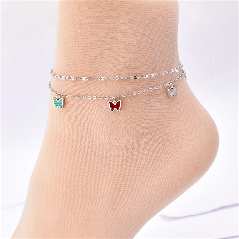 316L Stainless Steel New Fashion Jewelry 2 Layer Embedded In Natural Shells Hang 5 Butterflies Charm Chain Anklets For Women