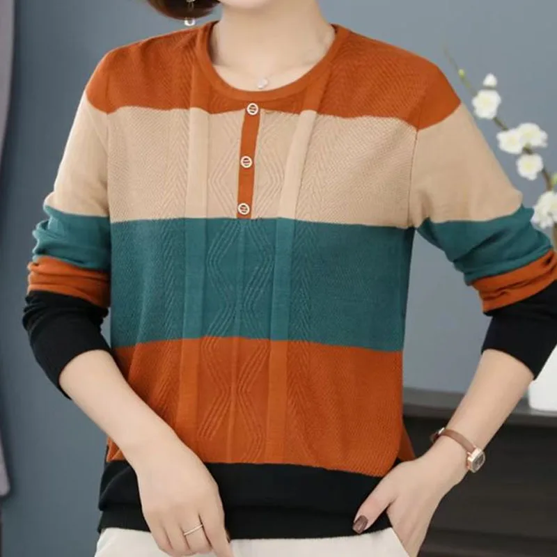 Fashion Contrast Color Striped Knitted Tops Women\'s Clothing Autumn Winter Casual Lady Button Spliced Round Neck Vintage Sweater