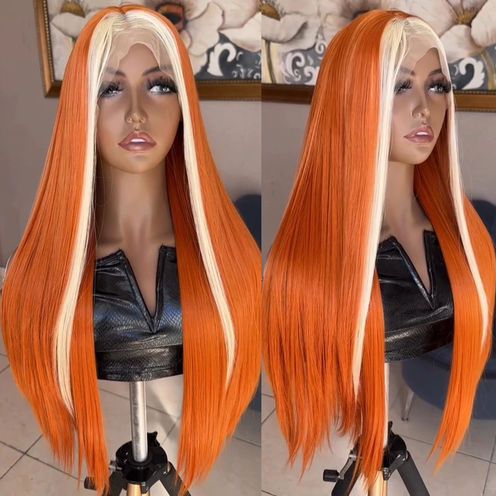 

Charisma Рыжий Оранжевый 13x4 HD Прозрачные бесклеевые парики Плотность 180 Прямые синтетические парики спереди Синтетические предварительно сорванные