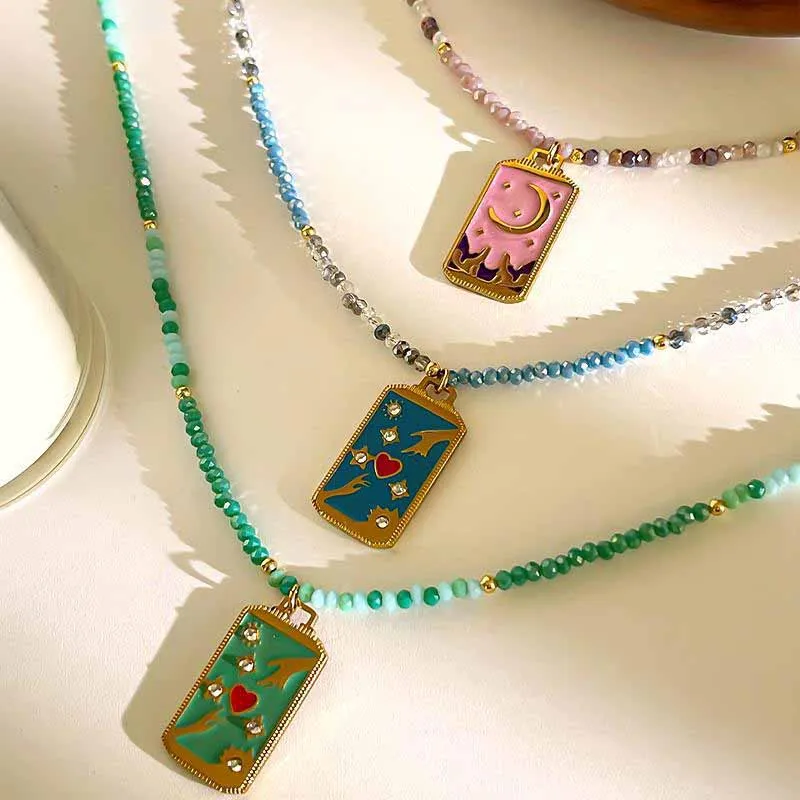 Loe | Colorful Dripping Square Necklace for Women and Girl Stainless Steel Rhinestone Jewelry French Style