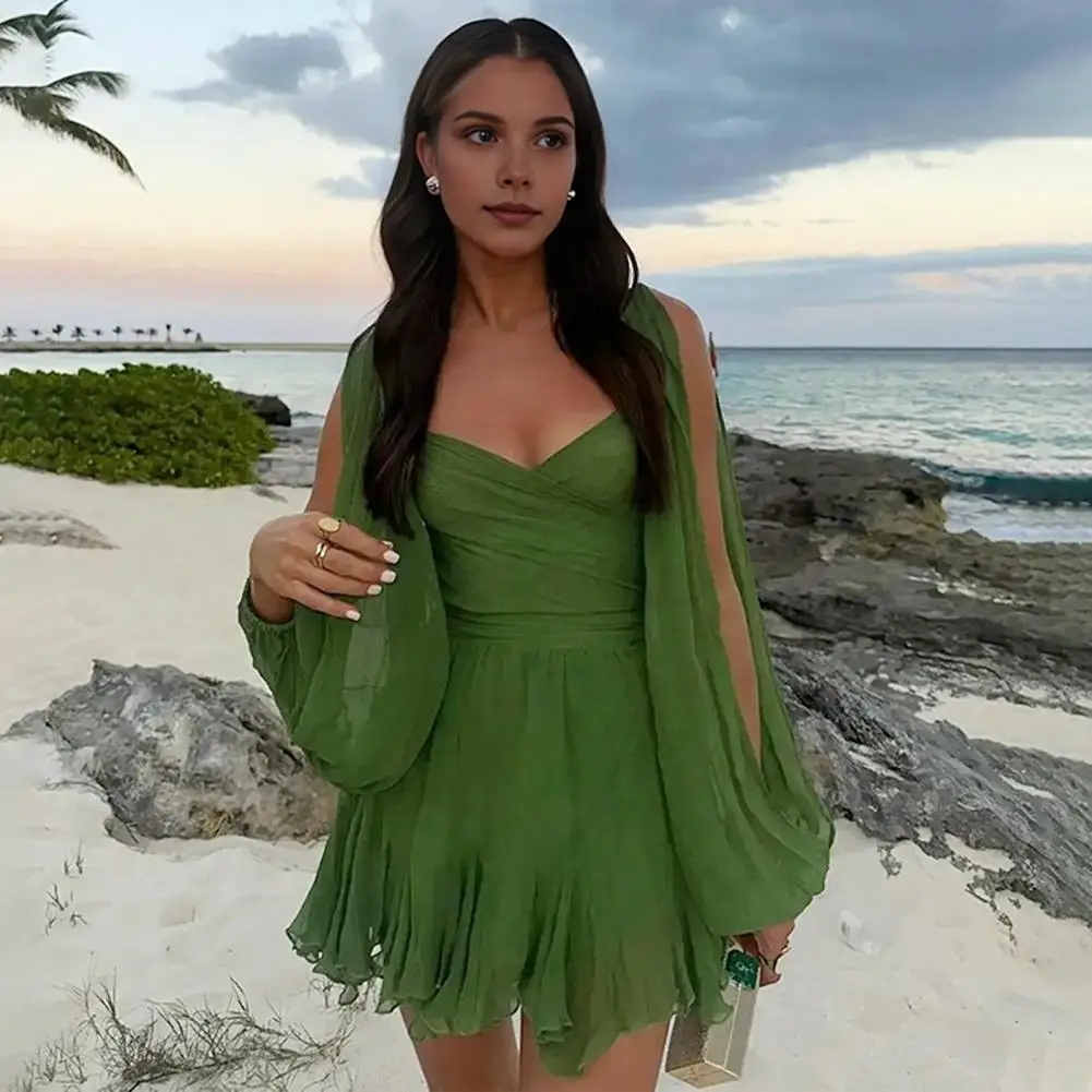 ฤดูร้อนชุดชายหาดเสือดาวพิมพ์ชุดโคมไฟแขนตัด V คอ Ruffle A-Line ชุดมินิสําหรับ Club พรหมแน่น