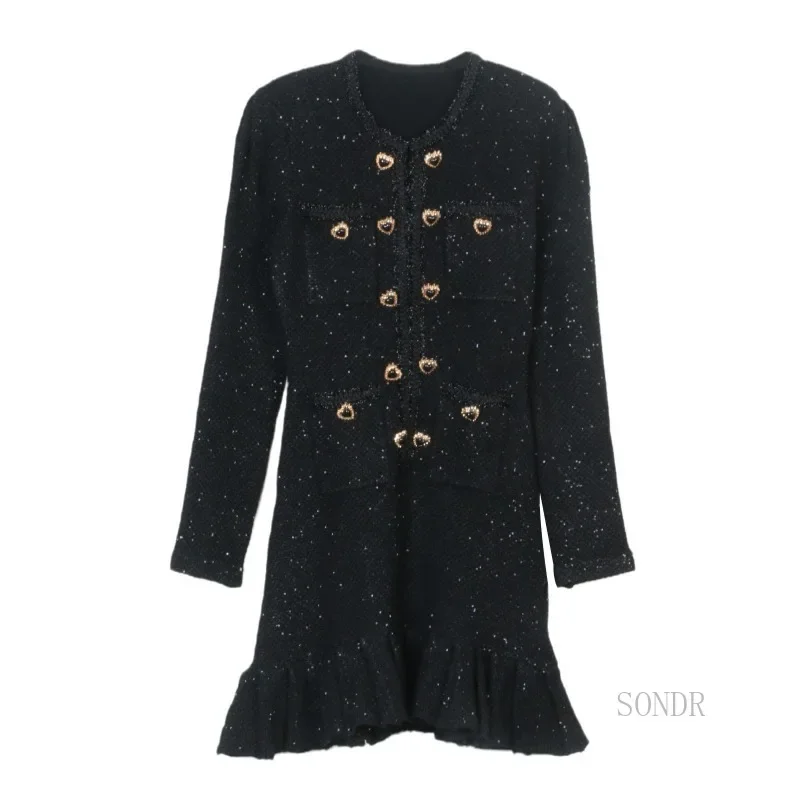 Shiny Pleated Fishtail Dress Sexy Black Dress 24 Autumn Winter Round Neck Double Breasted Crystal Heart Buttons Sweater Dress