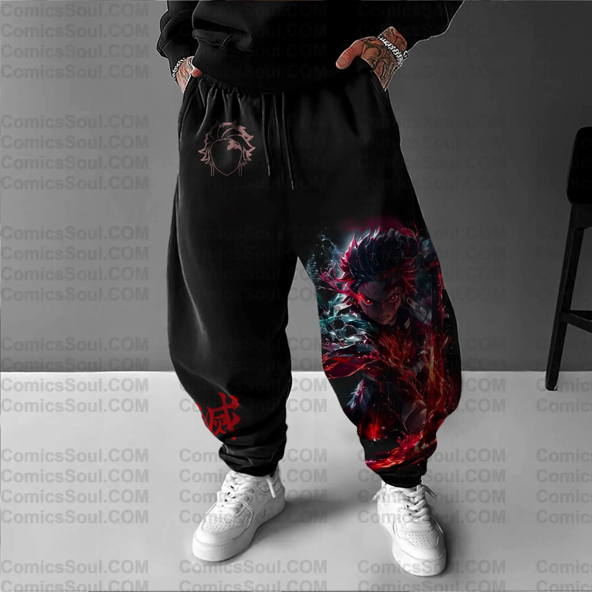 Demon Slayer Kimetsu No Yaiba Kyojuro Rengoku Black Hoodie Set Front and Back Print Cosplay Outfit with Flame Pattern Design