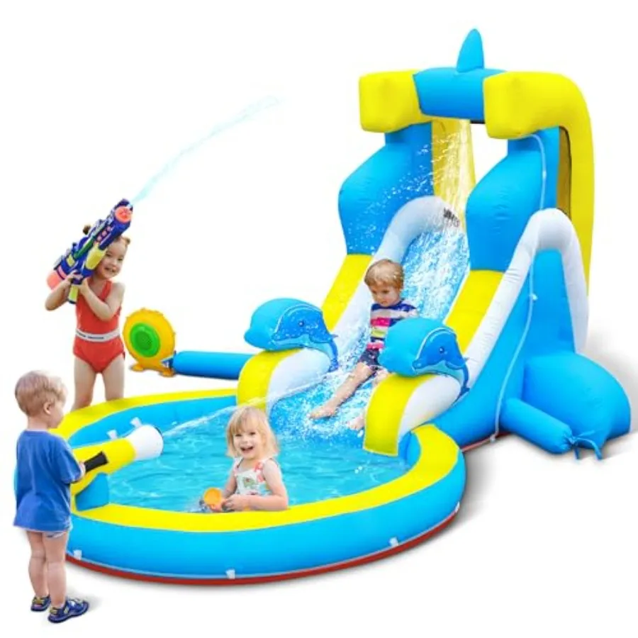 Inflatable Water Slide: 4-in-1 Dolphin-Style Bounce House Water Park for Climbing Wall, Splash Pool, Water Cannon PVC Blue Wet/