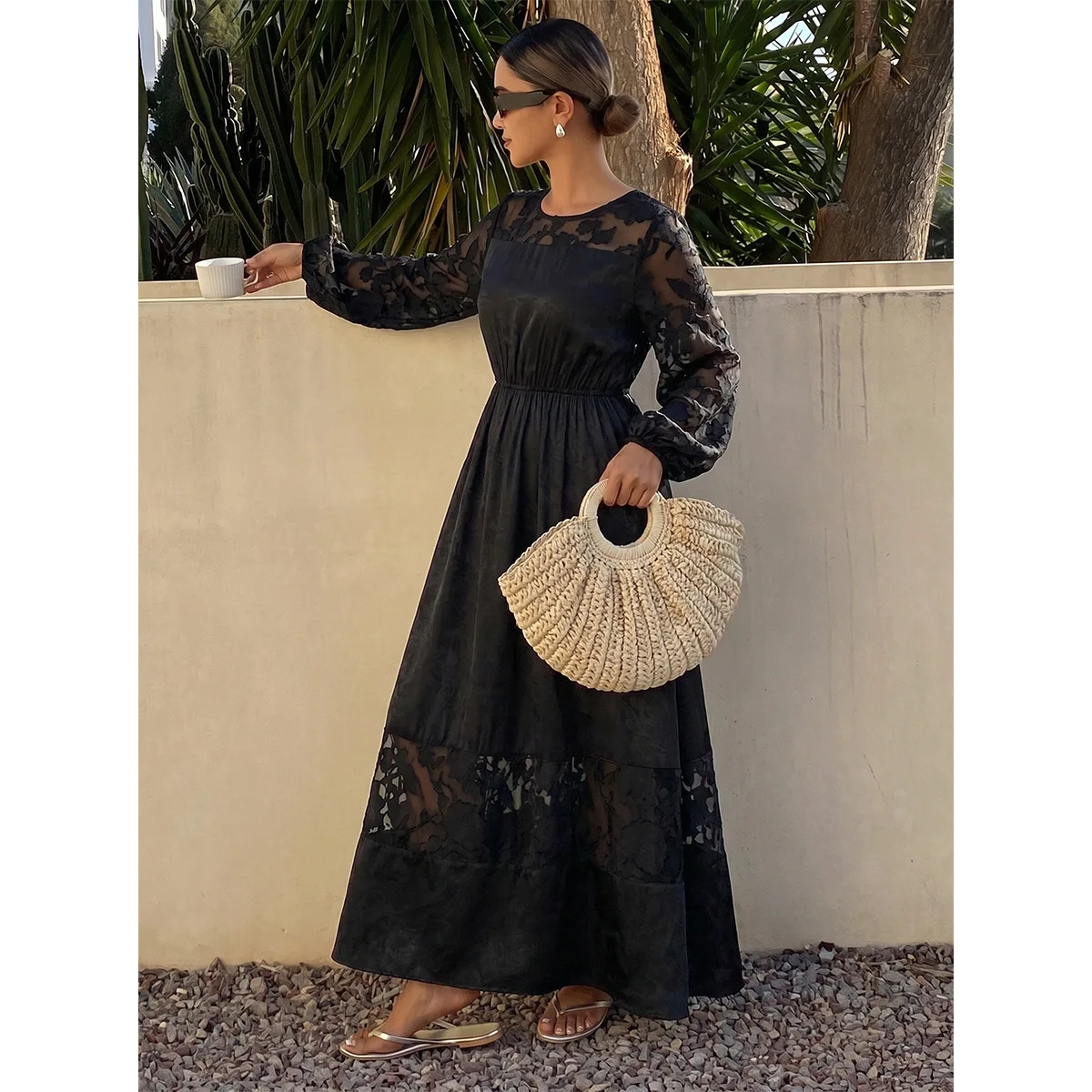 Black Round-neck, Frick 1240; Floral, §124; Sheer, Lantern-sleeve, Long Garment With Elasticated Cuffs   Waist And Flared Hem