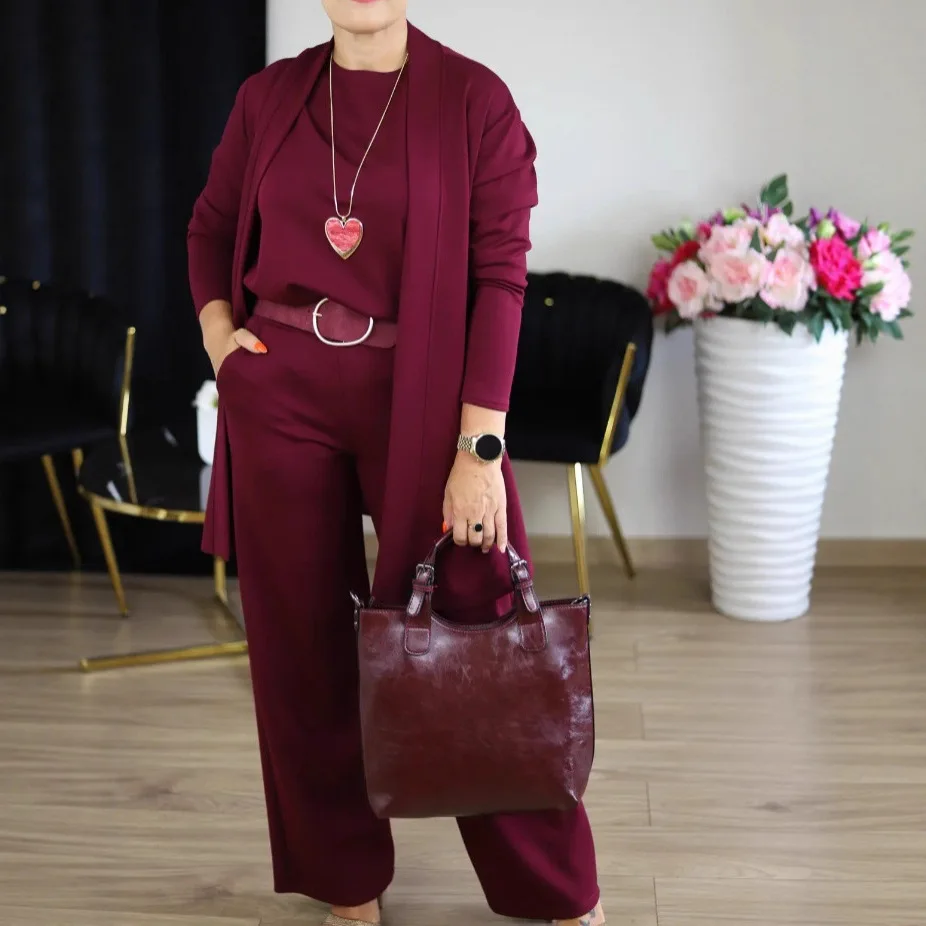 

2025 European and American Women's Solid Color Round Neck Long Sleeve Top Belt Comfortable Pants Suit 3 Piece Set Women