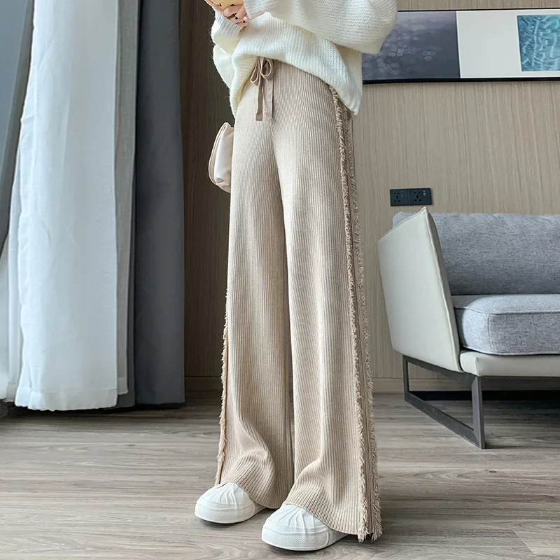 High Waisted Drawstring Pants Women 2023 Autumn Winter Loose Straight Wide  Led Pants Vintage Casual Thicken Knitted Long Pants