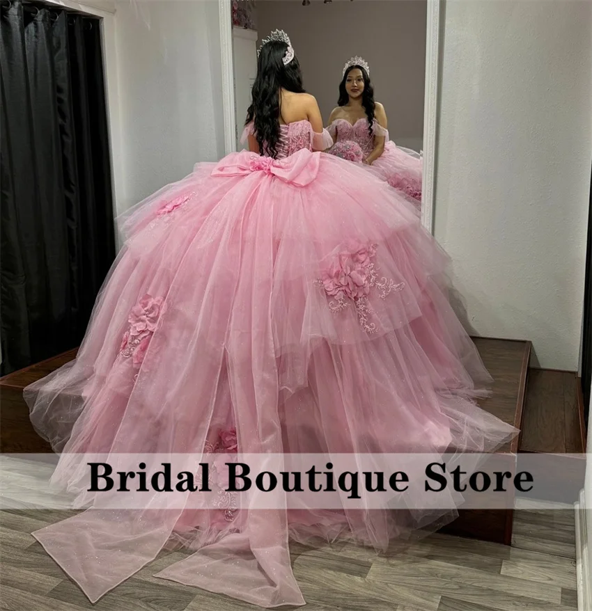 

Luxury Pink Quinceanera Dress With Bow Ball Gown Beaded Lace Applique Birthday Party Dress Vestidos De 15 Años Customized