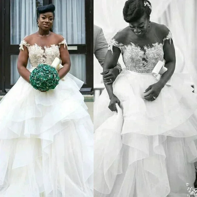 Customized Well Design Cap Sleeves Appliques Beads A-Line Wedding Dresses Plus Size Open Back African Vestido De Novia