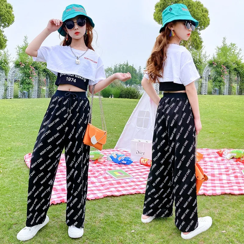 

Summer Teen Girls Clothing Sets Children Fashion Letter Short T-shirts Vest Wide Leg Pants 3Pcs Outfits Kids Tracksuit 5-14 Year