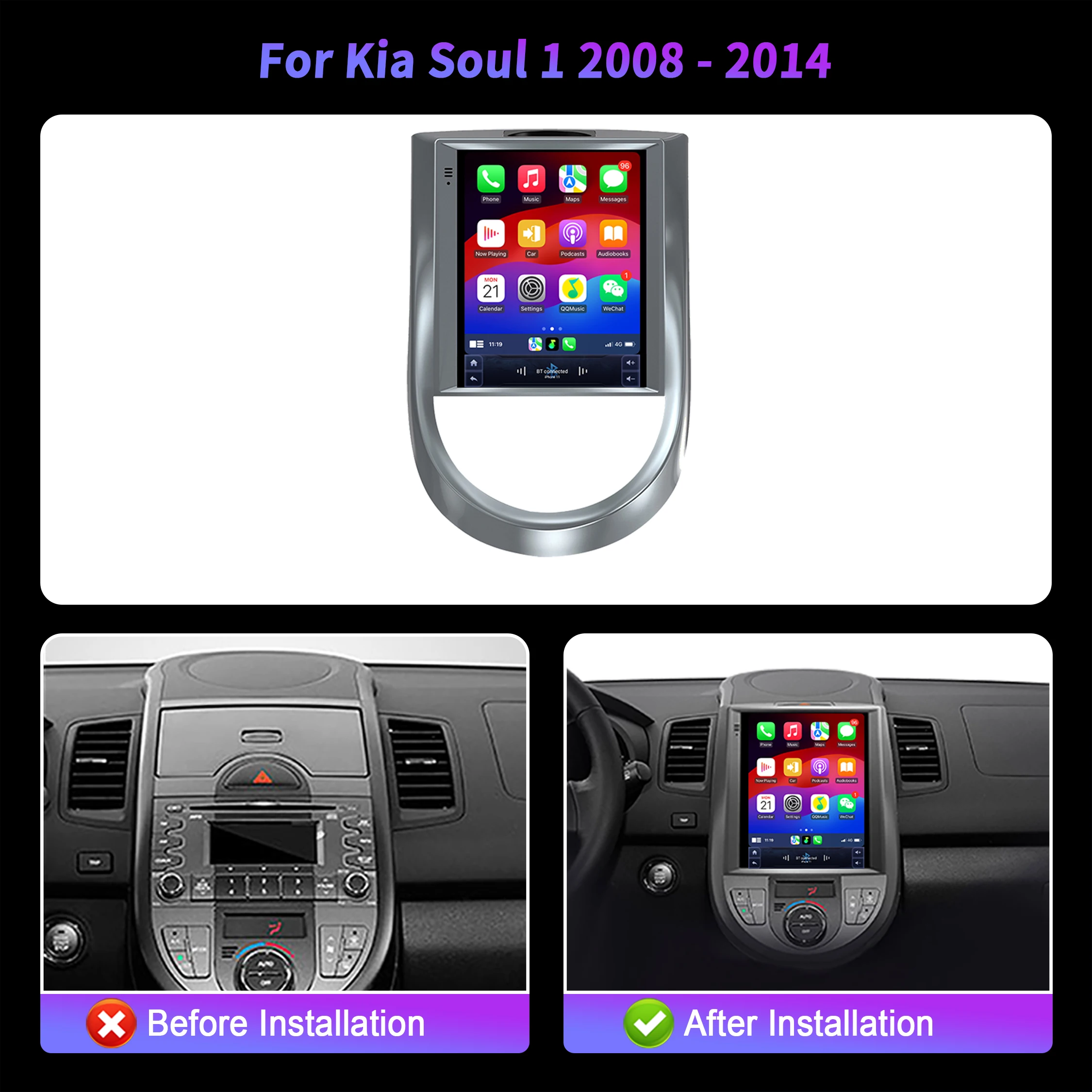 9.7 inch For Kia Soul 1 2008-2014 Car Radio Wireless Bluetooth CarPlay Android 14 Navigation Multimedia Head Unit QLED Screen