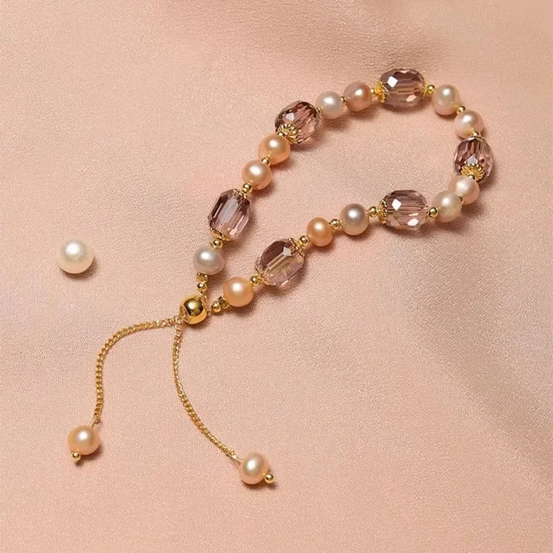 Elegant pink imitation pearl bracelet, exquisite purple crystal beads adjustable bracelet, women's wristband accessories image 4