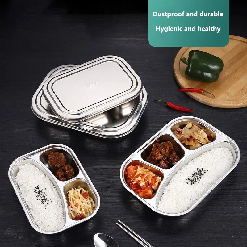 3/4 Section 304 Stainless Steel Divided Dinner Tray Lunch Container Food Plate for School Canteen Fast Food Adult Lunch Box