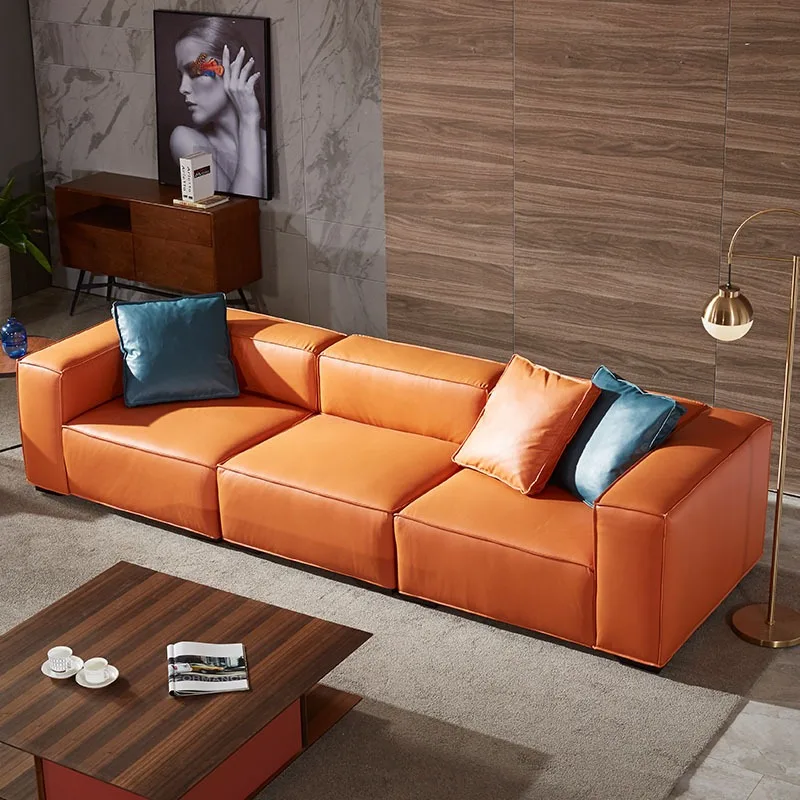 A-818 leather sofa first layer cowhide Italian minimalist living room small apartment three-person straight row tofu sofa