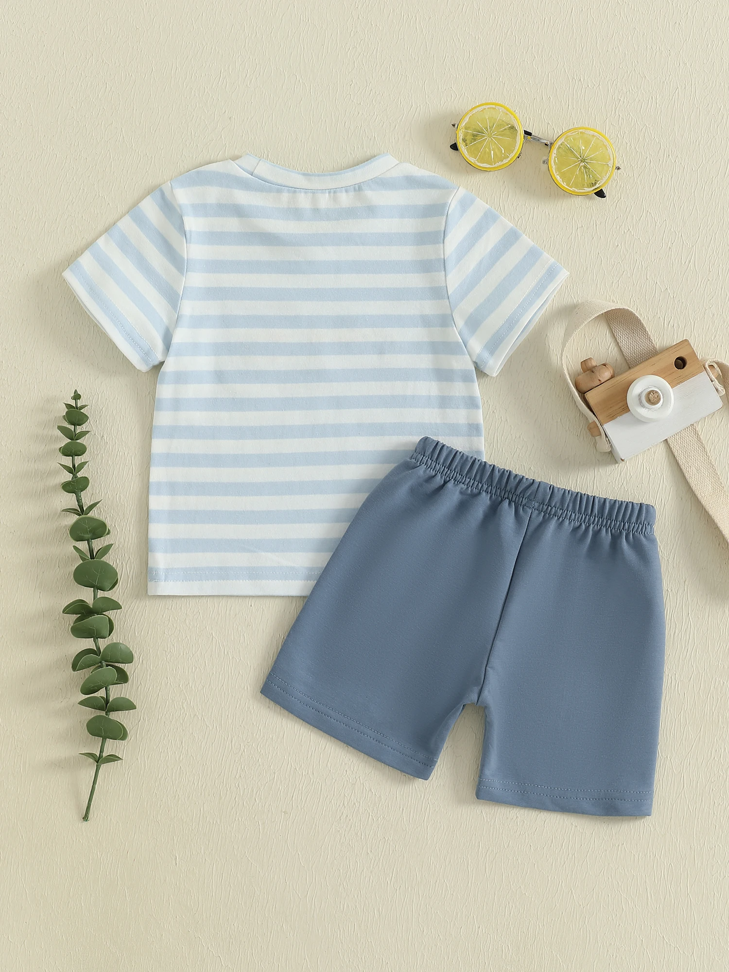 

Adorable Baby Boys Summer Outfits with Cute Animal Embroidery Stylish Striped Short Sleeves T-Shirt and Comfy Elastic Shorts