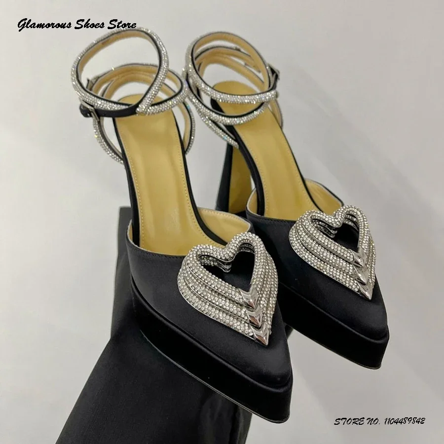 

Triple Crystal Heart Satin Platform Pumps Spring Summer Buckle Strap Wedding Shoes Women's Pointed Toe Chuny Heel Bling Pumps