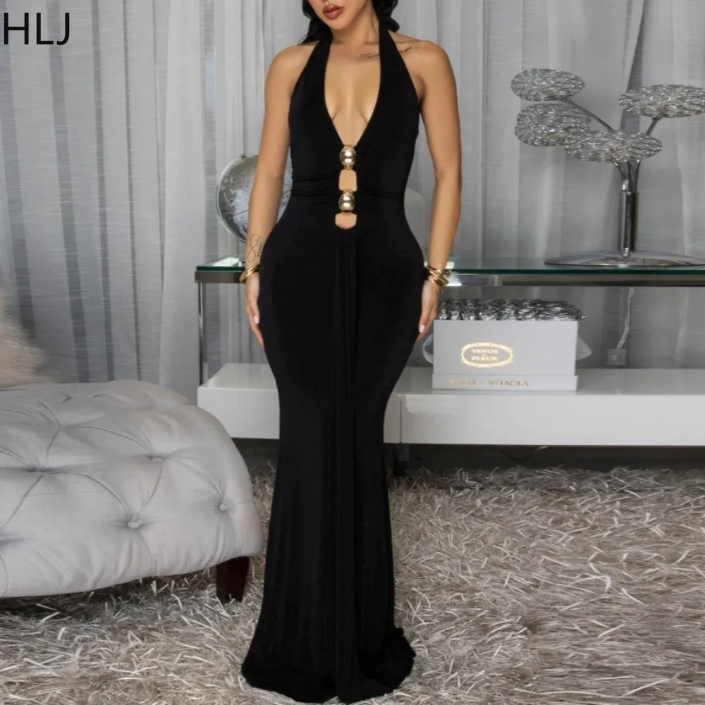 

HLJ Sexy Hollow-out Bodycon Dresses for Woman Solid Color Halter Deep V-neck Backless Dress Female Streetwear Vestidos 2025 New