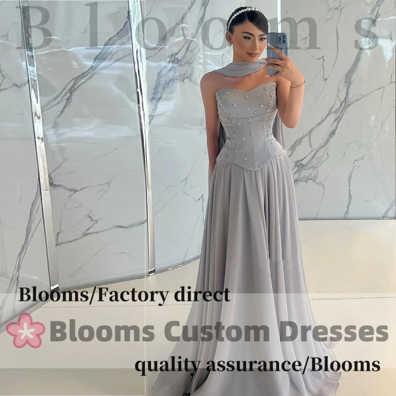 

Blooms Customized Beads Evening Dresses with Cape Long Draped A-line Chiffon Grey Charming Wedding Formal Dress For Prom