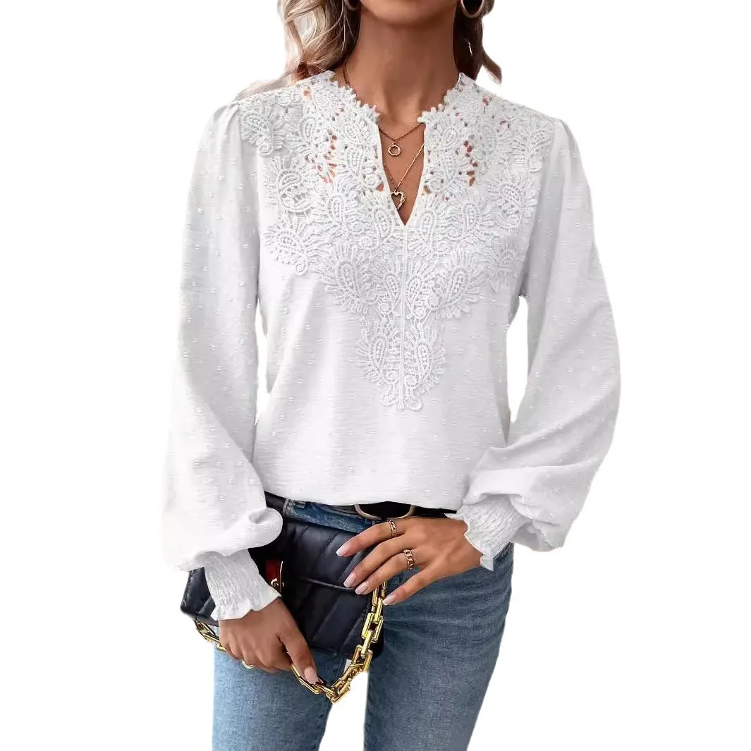Women's V Neck Hollow Lace Patchwork Lantern Long Sleeve Blouse Loose Comfortable Versatile Trendy Casual Commute Daily Wear Top view 4