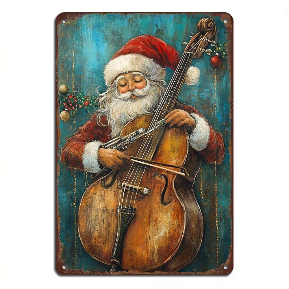 Father Christmas Violin Metal Wall Art Iron Poster Suitable for Home and Garden Holiday Wall Decoration Vintage Interior Artwork