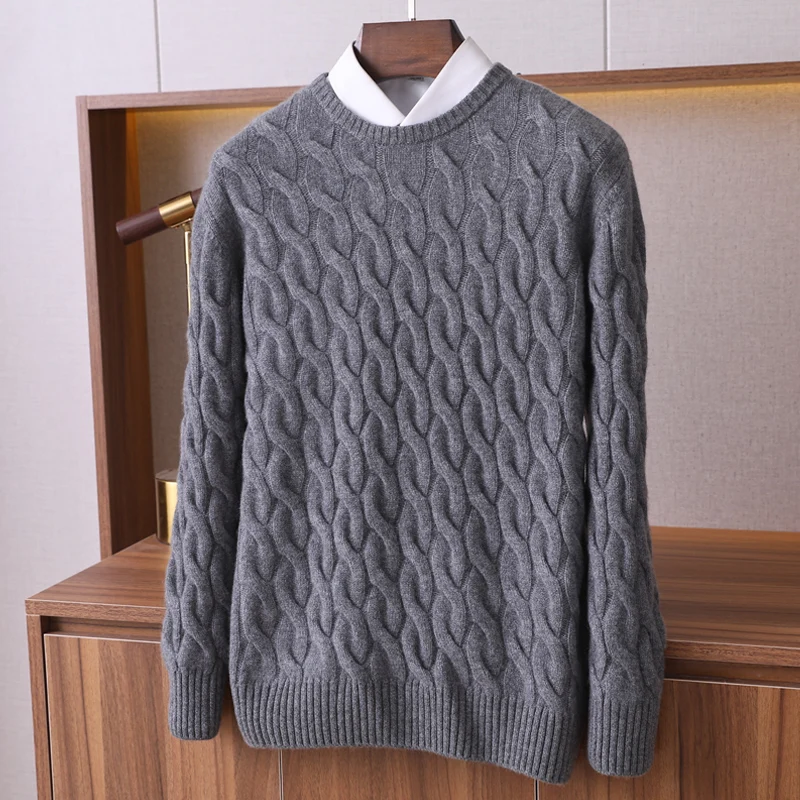 

2022 new heavyweight thickened 100% cashmere sweater men's three-strand thickened twist round neck knitted warm sweater