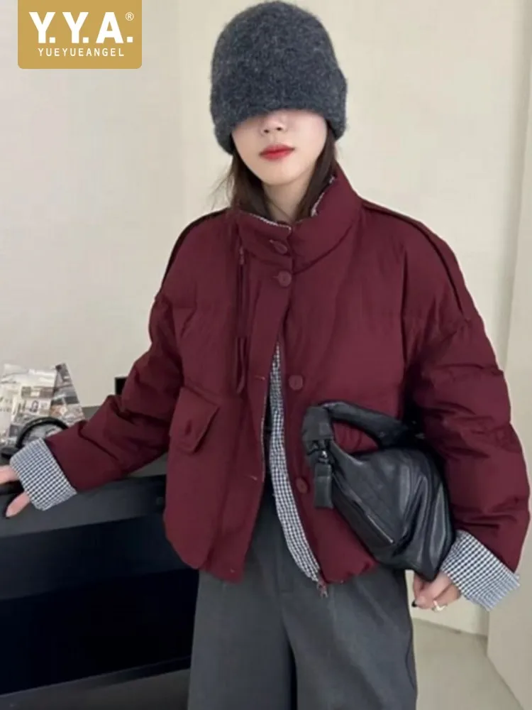 Winter Vintage Women Warm Loose Fit Down Jacket Single Breasted Casual Overcoat New Short Style Streetwear Thick Outwear Coats