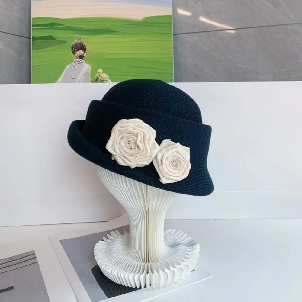 

Breathable French Style Camellia Flower Cap Elegant Curl Brim Floral Bowler Hat British Hepburn Women's Formal hat Famale