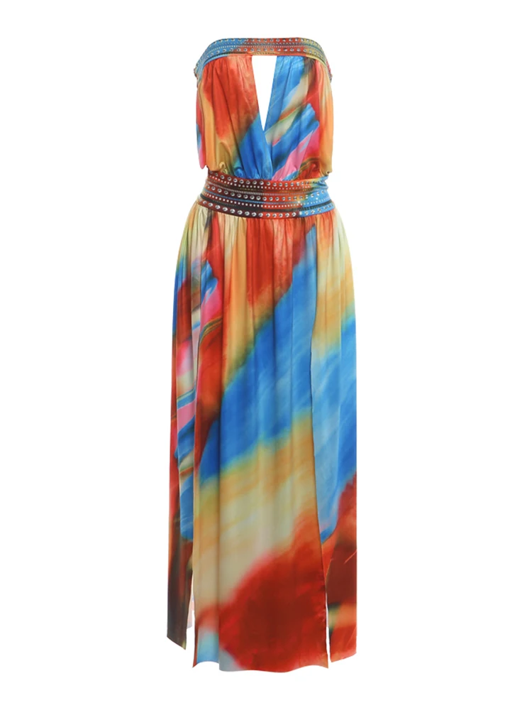 Sisterlinda Damen Sexy Kleid mit buntem Print, Wickelkleid, rückenfrei, hohe Schlitze, Sommer, Urlaub, Strandparty, elegante Party, figurbetont – Detail 2