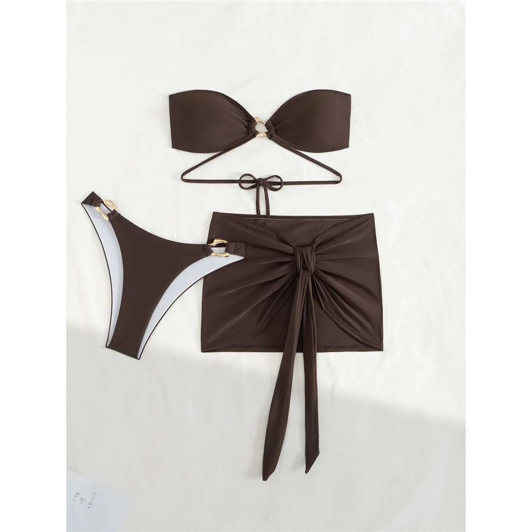 Neuer Bandeau-Bikini mit Rock, Damen-Badeanzug, dreiteiliges Bikini-Set, Badeanzug mit hohem Beinausschnitt, Badebekleidung, Modell V6264. – Detail 11