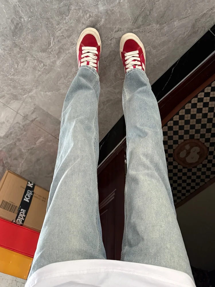 

Голубые прямые джинсы, мужские эластичные облегающие джинсы в американском стиле High Street Vibe, узкая версия, брюки Cleanfit для похудения