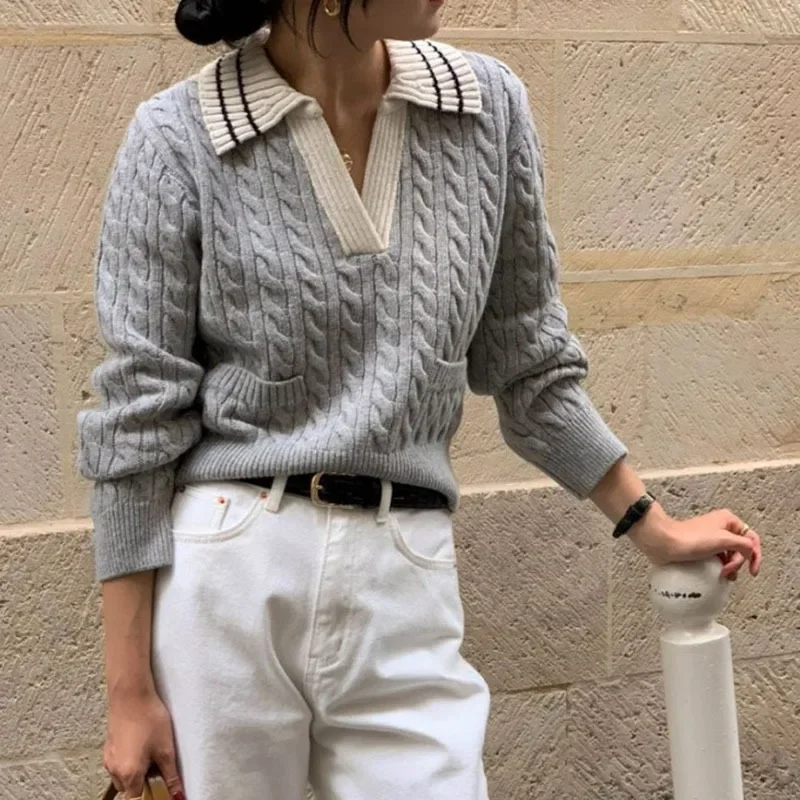 

Осенний новый свитер с лацканами контрастного цвета, женский винтажный вязаный топ с карманами и длинными рукавами, шикарный женский повседневный пуловер