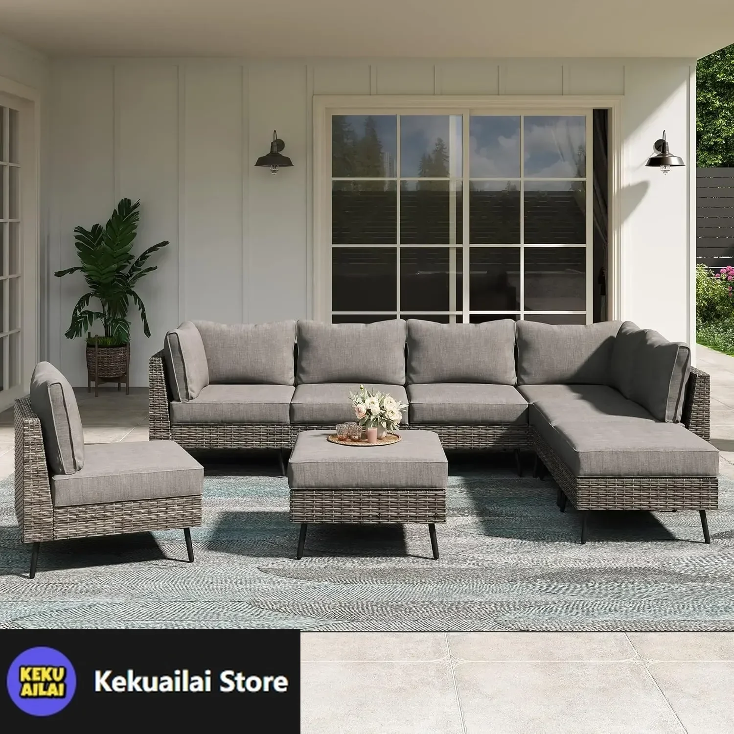 

8 Piece Outdoor Sectional Sofa PE Rattan Patio Conversation Sets, All Weather Patio Furniture Set with Thick Cushions for Garden