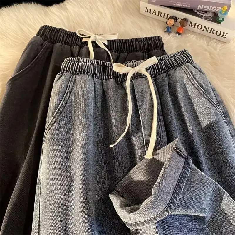 Korean Solid Colors Men's Casual Long Jeans Classic male Four Seasons Straight Denim Wide-leg Pants Light Blue Grey Black S-3XL