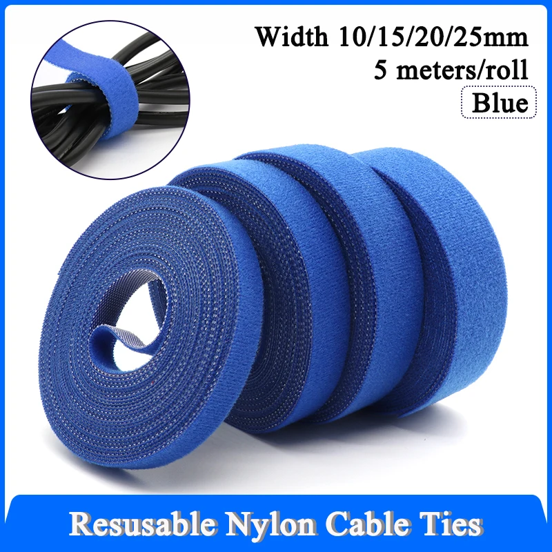 1~20R Blue Cable Organizer USB Cable 10/15/20/25mm Winder Management Nylon Free Cut Ties 5M/Roll Mouse earphone Hook Loop Tape