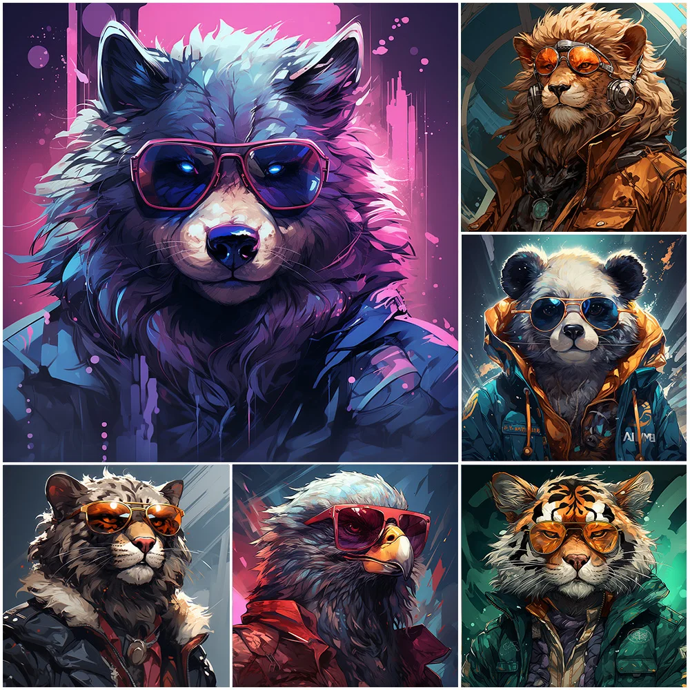 5D Cyberpunk Animal with Sunglasses Tiger Bear Eagle Leopard DIY Diamond Painting Embroidery Mosaic Cross Stitch Room Home Decor