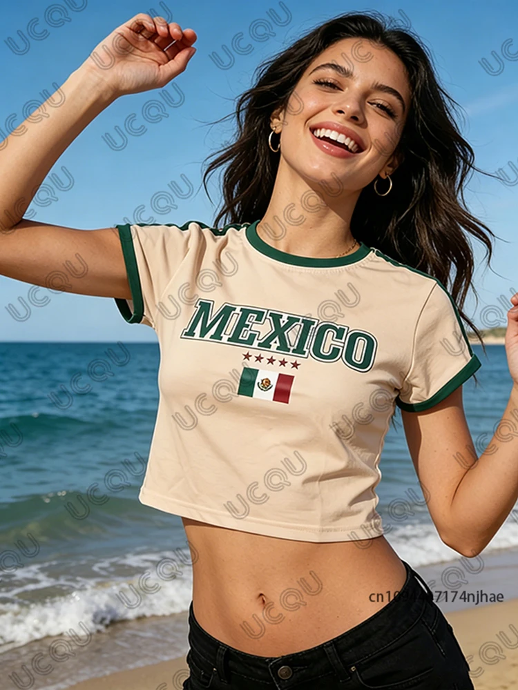 Sommerliches T-Shirt mit New-Mexico-Flagge für Damen, kurzärmeliges Crop-Top, Streetwear, Vintage-Ästhetik, O-Ausschnitt, lässige Y2k-Tops – Detail 7
