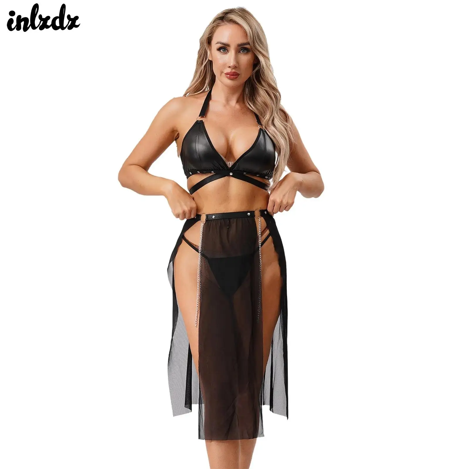

Womens Babydoll Chain Lingerie Set Halter Sleeveless Patent Leather Bra Top with Sheer Mesh Split Skirt And Thong Sexy Costumes