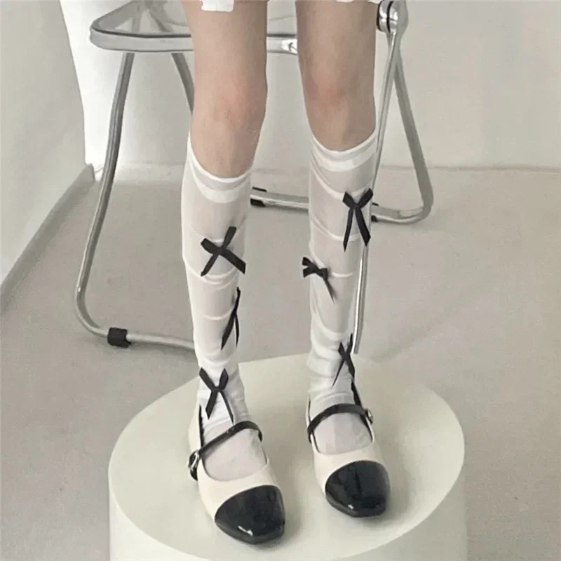 women Sexy Ribbon Bow Socks Long Tube Knee High Lolita White Stockings Thin Piles of Socks Section Mesh Pure Desire Lace Hosiery