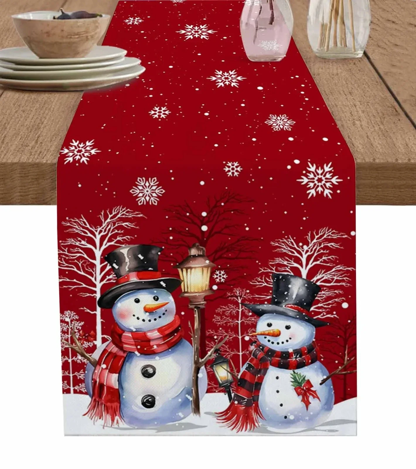 Christmas Snowman Branch Linen Table Runners Dresser Scarf Table Decor Winter Xmas Dining Table Runners Christmas Decorations