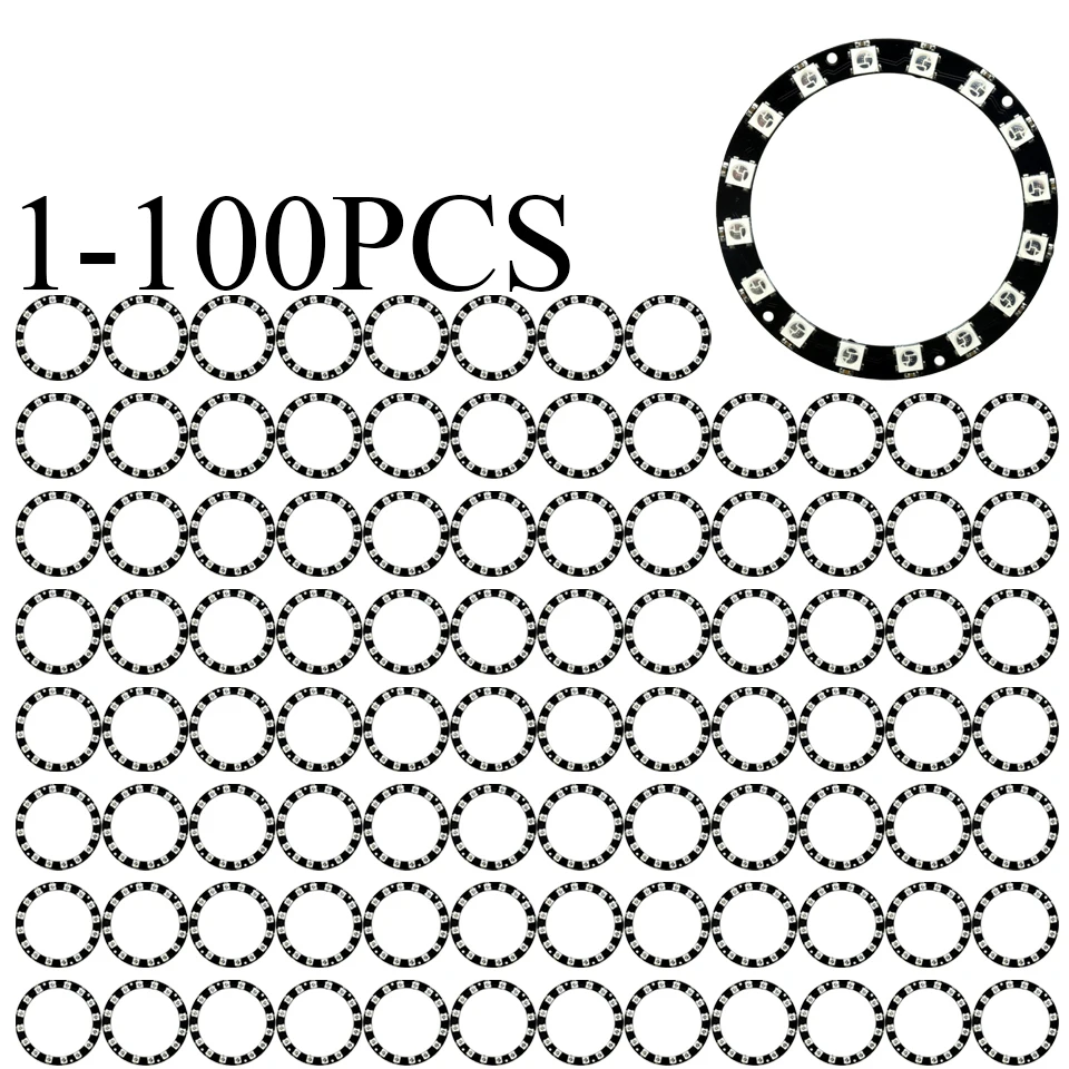 1-100PCS 16x WS2812 5050 RGB LED Ring Module 16Bit Full-Color Addressable Smart Light Circle Board for Arduino DIY Projects