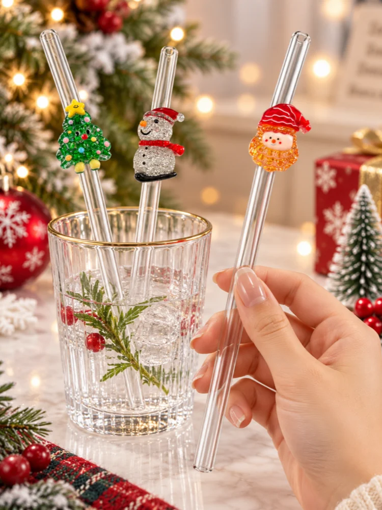 3PCS Christmas Tree Snowman Gnome Glitter Glass Straws Bend Reusable Clear Drinking Straws Coffee Juice Party Gift Xmas