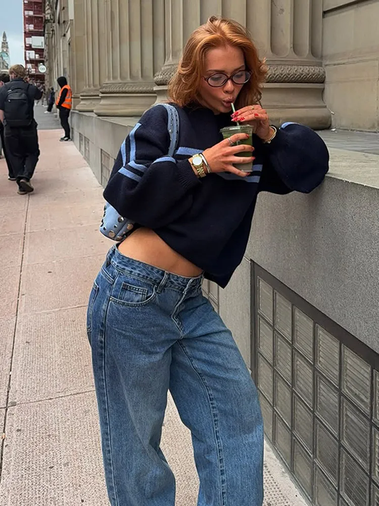 Navy Blue Striped Crop Top Women's Sweater Knit Pullover Retro Pattern Loose Pullover 2025 Autumn Holiday Street Fashion Wear