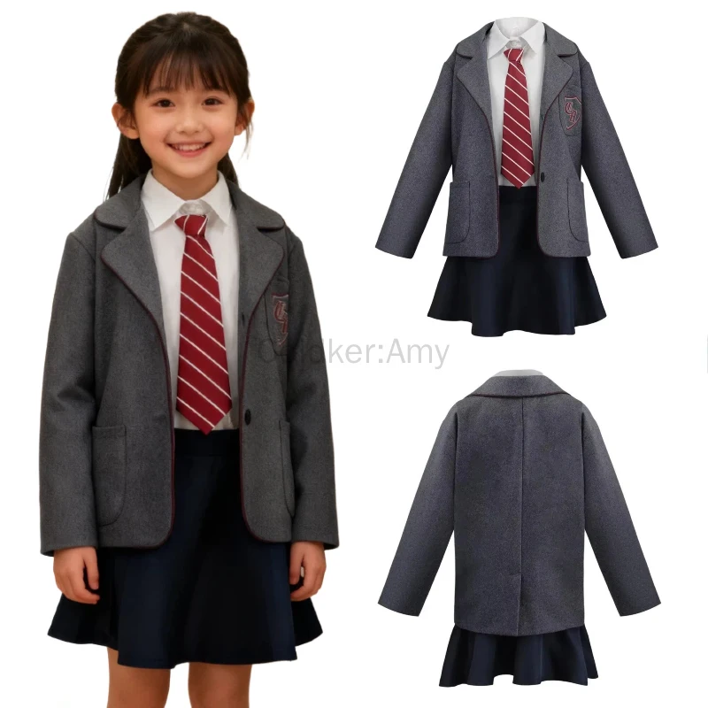 

Girls Kids Movie Matilda Cosplay Primary School Uniform 4-Piece Set Blazer Jacket Shirt Tie Pleated Skirt Formal Student Wear