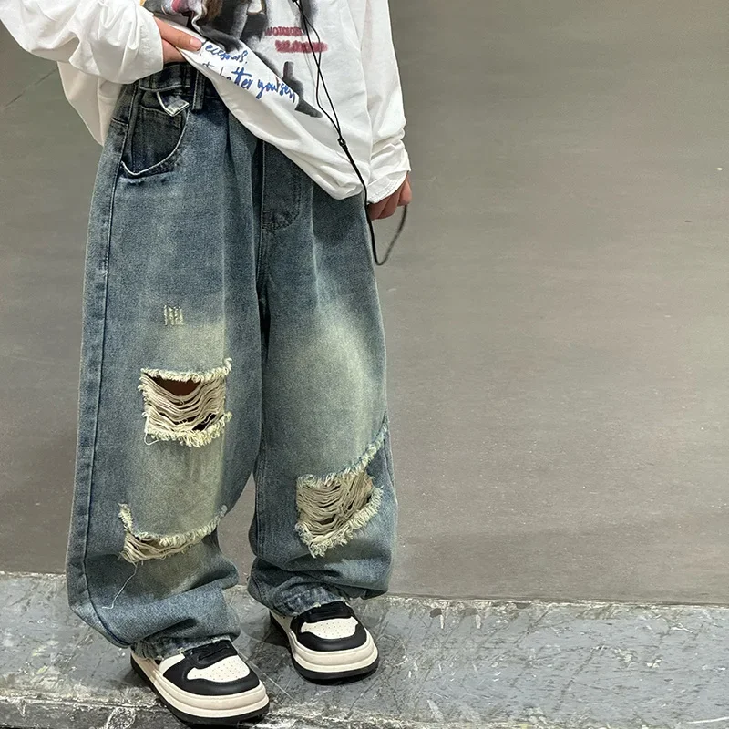 

Baoduo Children's Pants Boys' Ripped Jeans Spring and Autumn 2024 New Casual Trousers