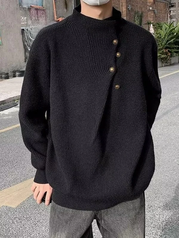 

Мужской свитер оверсайз с высоким воротником и необычным дизайном пуговиц, в корейском стиле, модный бренд Tagkita, молодежный повседневный стиль.